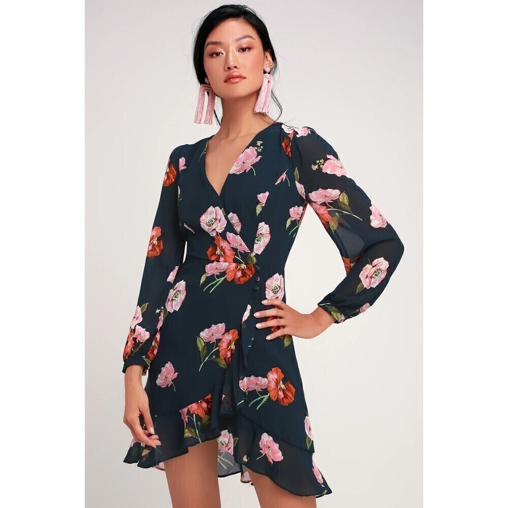 LULUS In Full Bloom Navy Blue Floral Print Long Sleeve Mini Dress Size Small